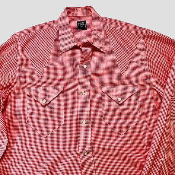 Vintage Pierre Cardin Western Shirt Red Gingham Pearl Snap 70s  80s Men’s L - Picture 2 of 8